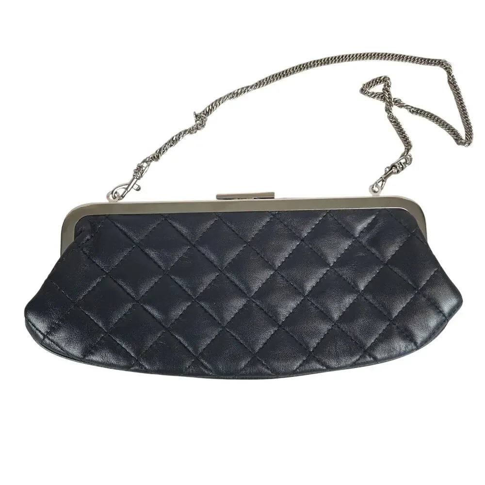 Gianni Bernini Navy Quilted Faux Leather Clutch Chain Strap Parisian Holiday Lux